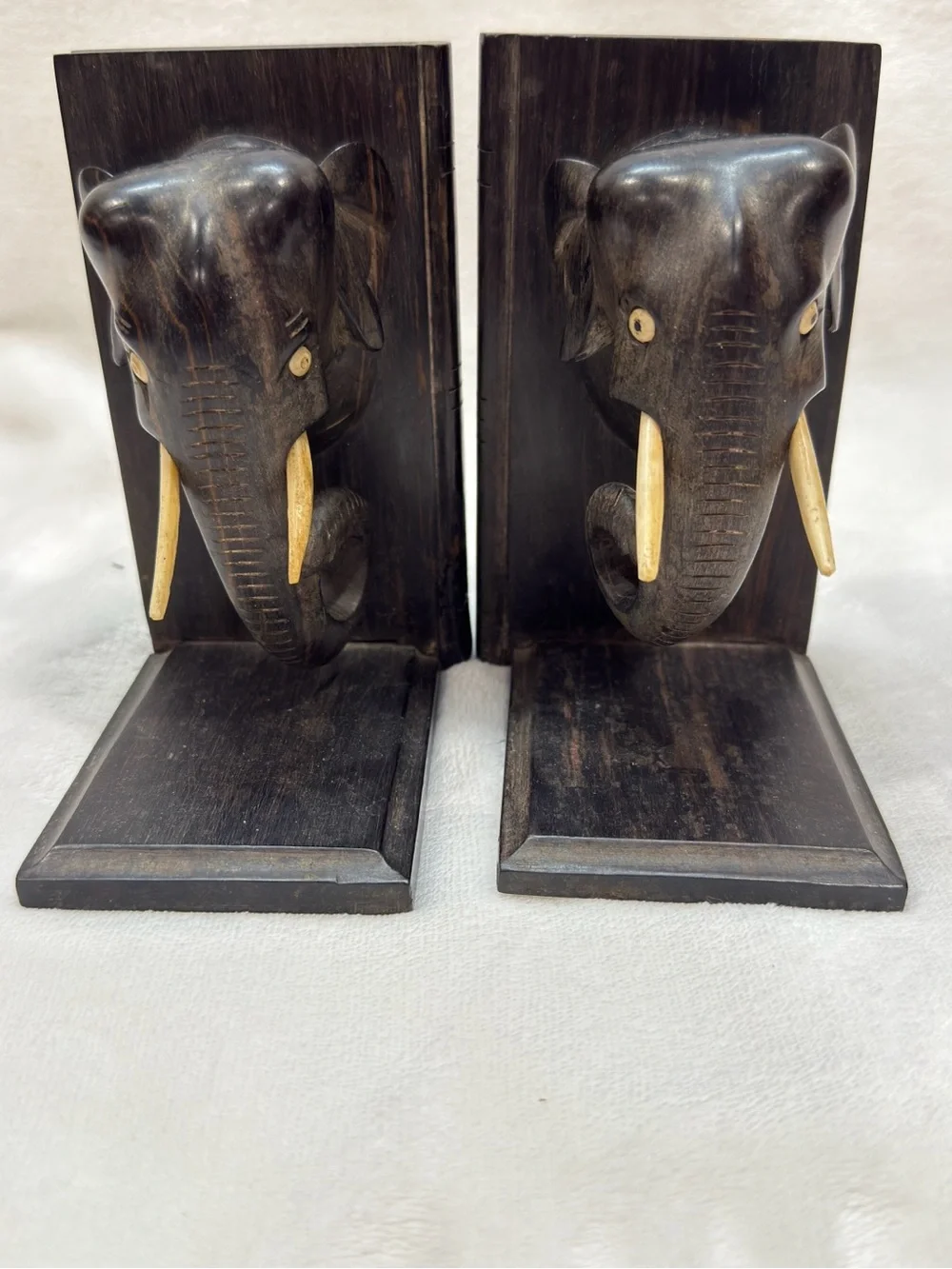 Ebony Hand-Carved Black Elephant Head Bookends - Decorative Wall Accent